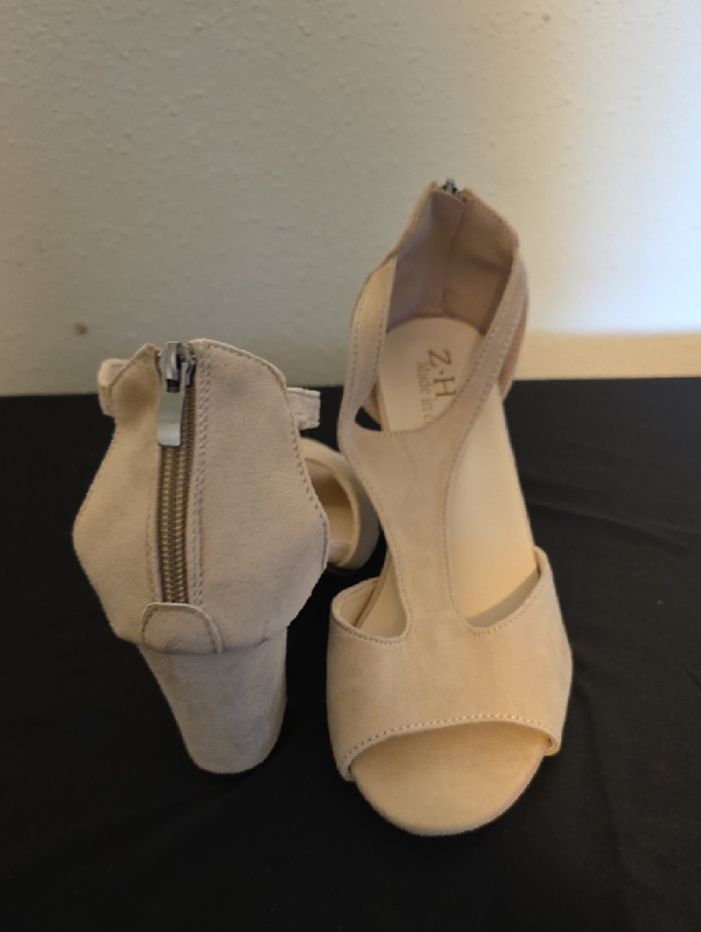 Nude Suede T-Strap Block Heel Sandals - Picture 6 of 13
